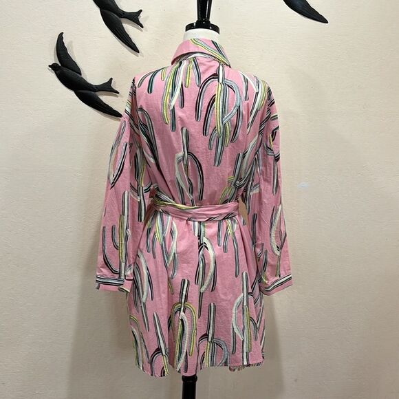 Sorry, Too Much Love Saguaro Cactus Print Cotton Shirt Dress With Belt - Pink XL - Picture 3 of 12